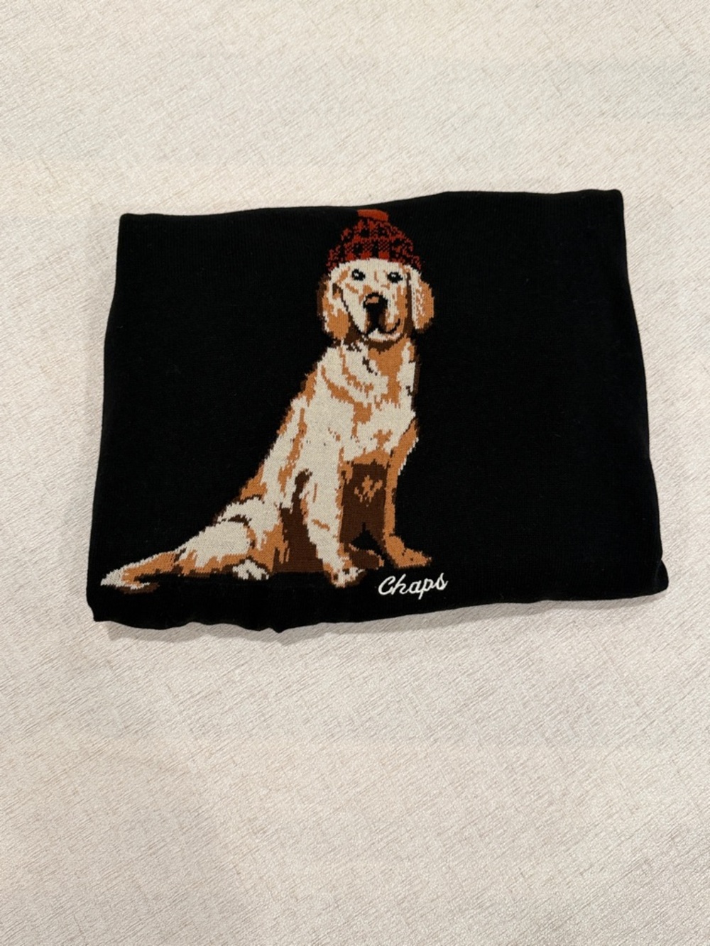Chaps Black Knit Mens Sweater with Golden Retriever Graphic and Red Hat